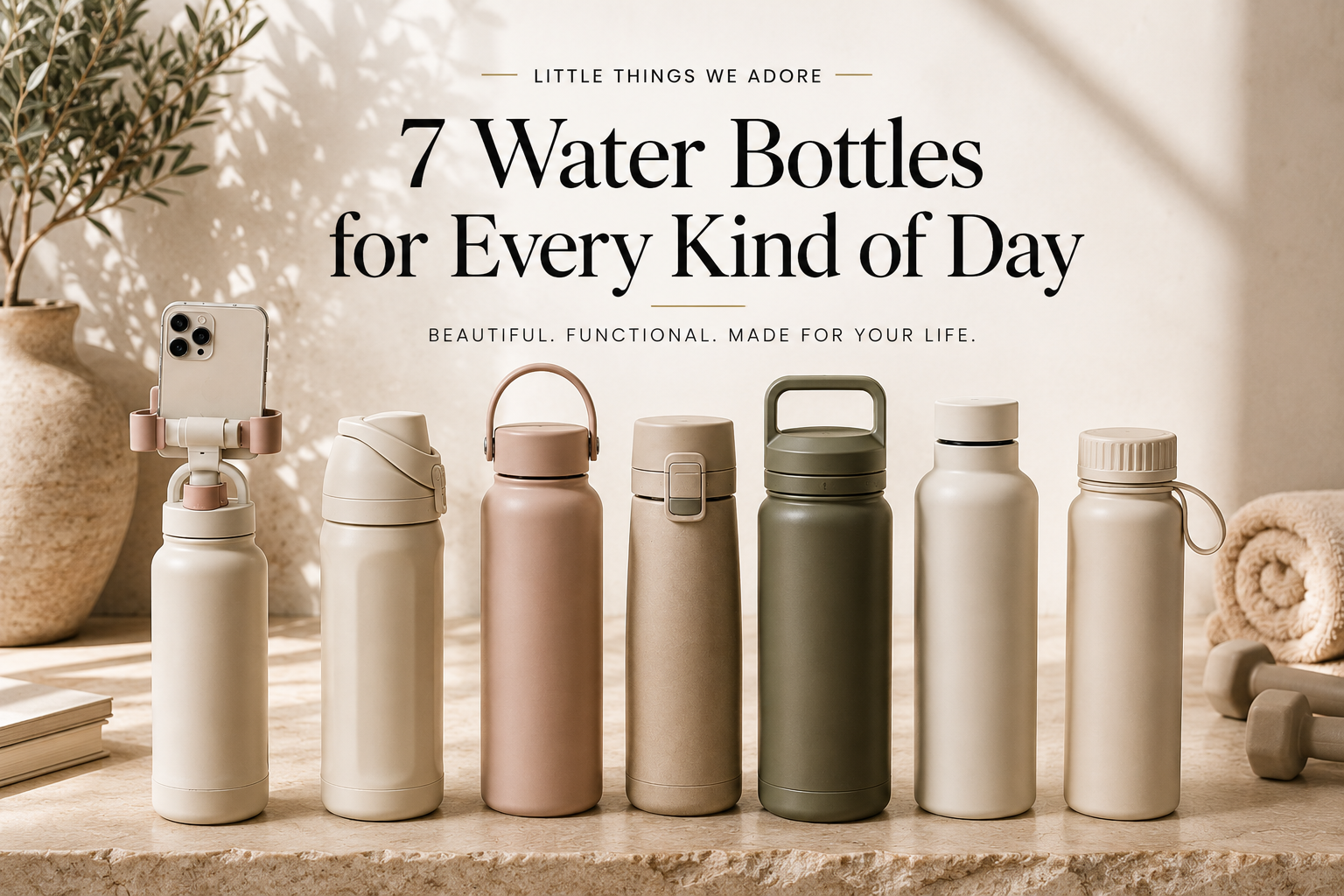 Seven water bottles in soft neutral tones lined up on a stone counter with gym and home styling