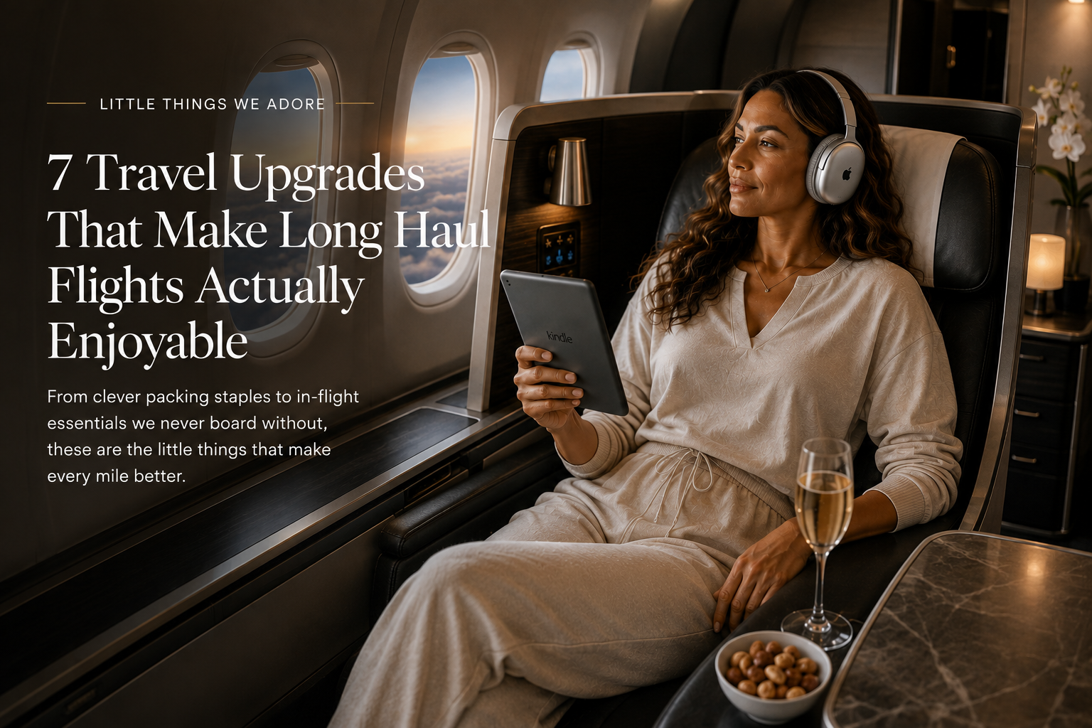 Flat lay of travel essentials — a passport, e-reader, headphones, water bottle and travel pillow on beige linen