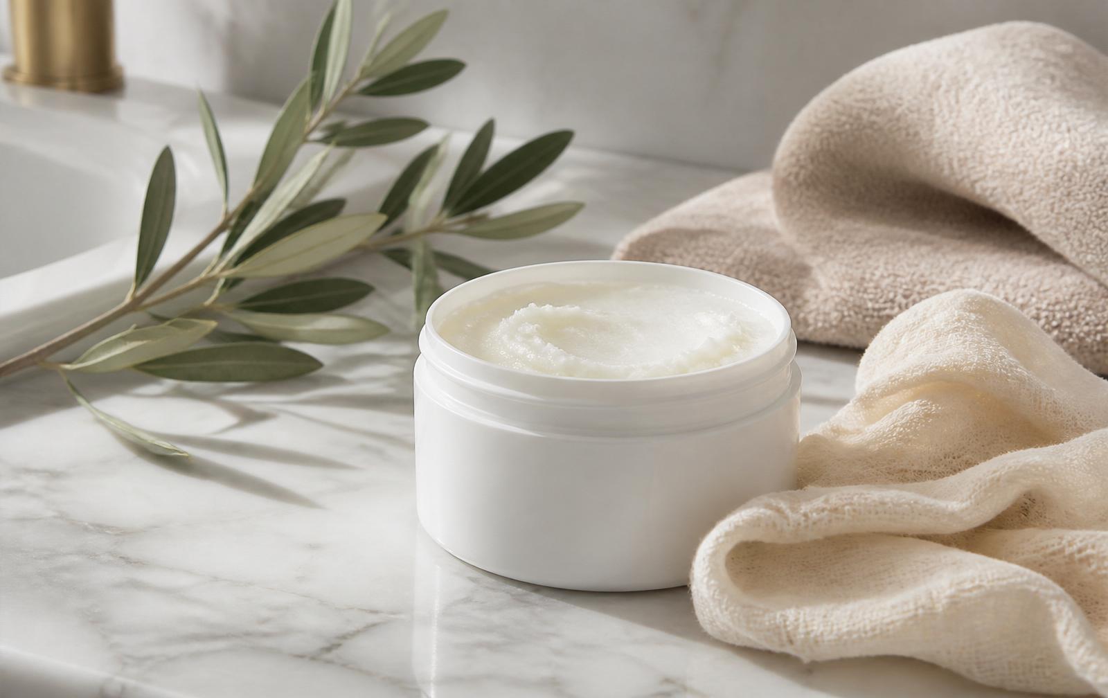 Open jar of cream cleansing balm on a marble vanity with a linen towel