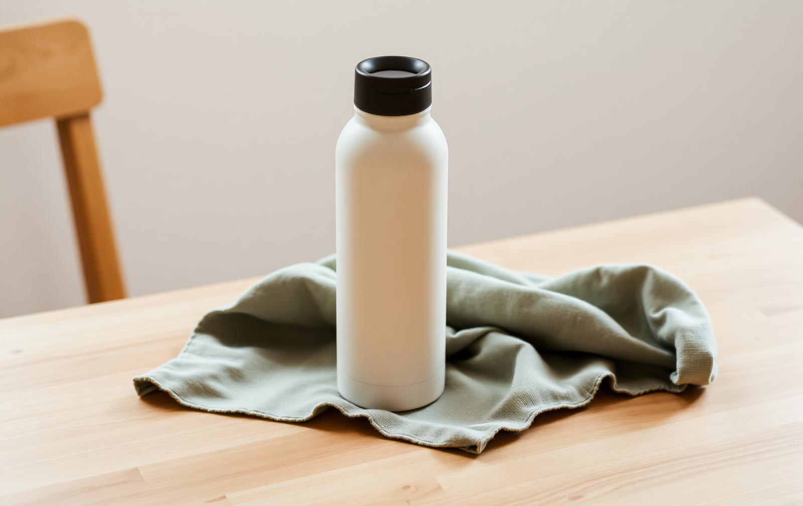 Cream insulated stainless steel water bottle on a wooden table with a sage tea towel
