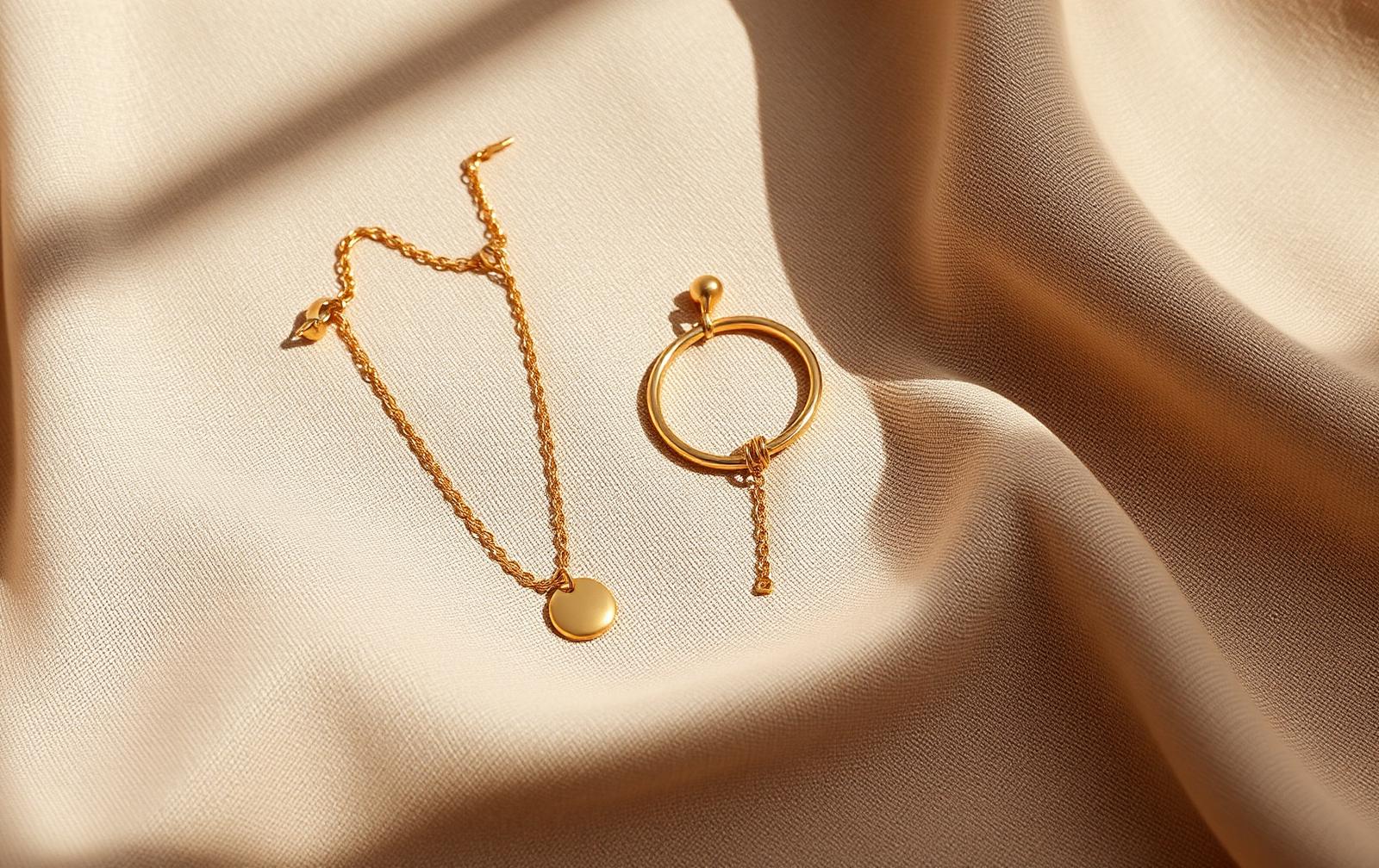 Simple gold pendant necklace and small hoop earrings on warm taupe linen