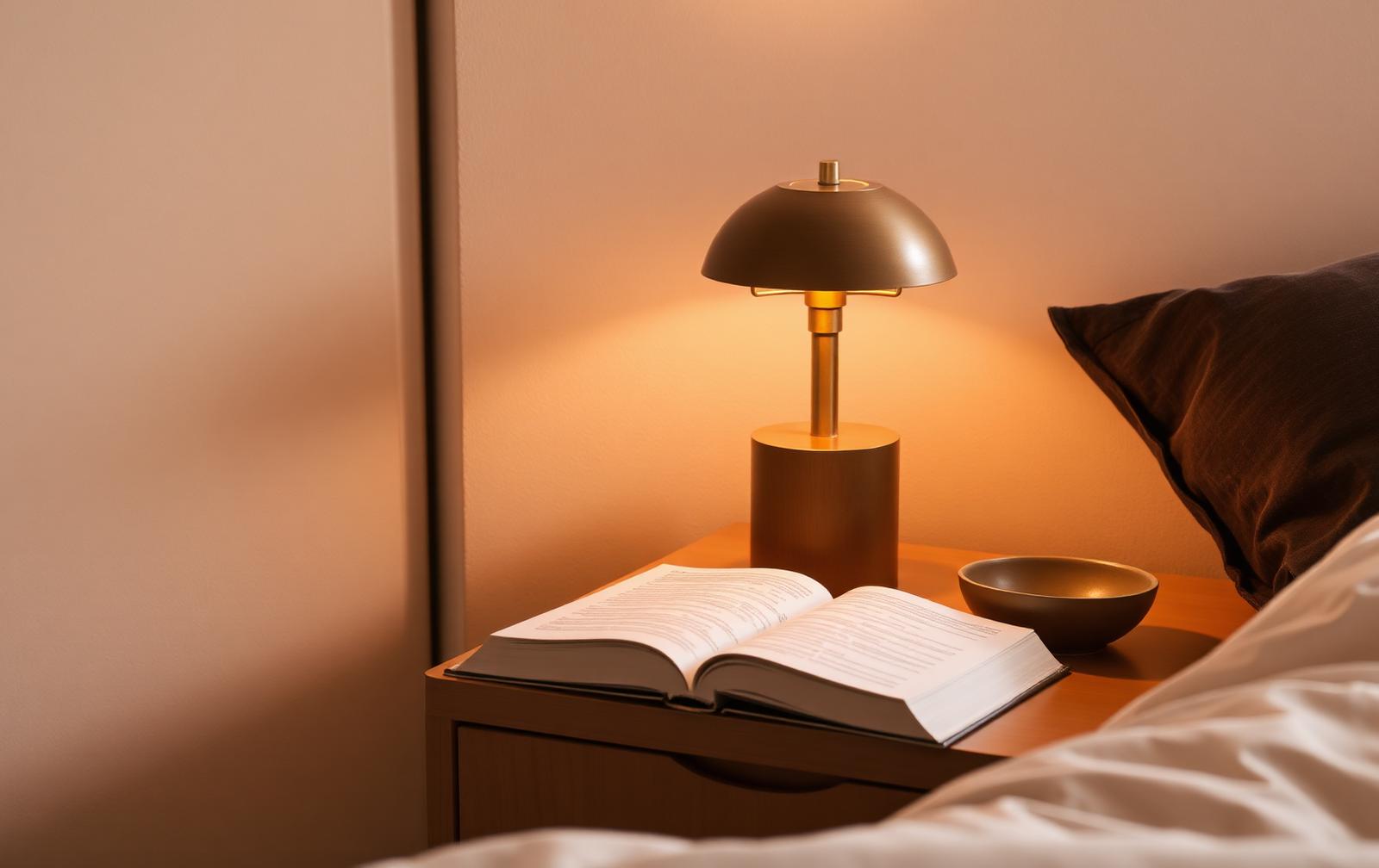 Small brass bedside lamp glowing warmly beside an open book and ceramic dish