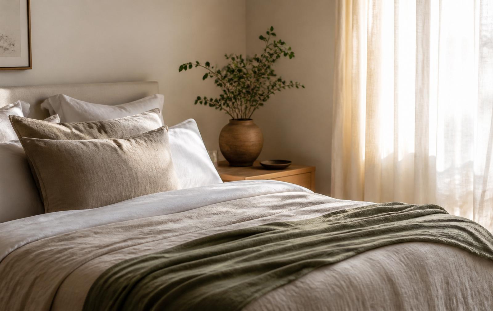 Bed made with soft oatmeal washed linen bedding and a sage throw