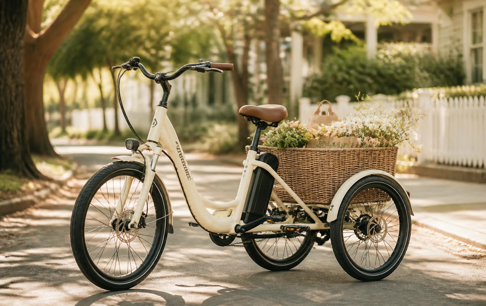 Cream-colored adult electric tricycle with a woven rear basket of flowers parked on a sunlit tree-lined street
