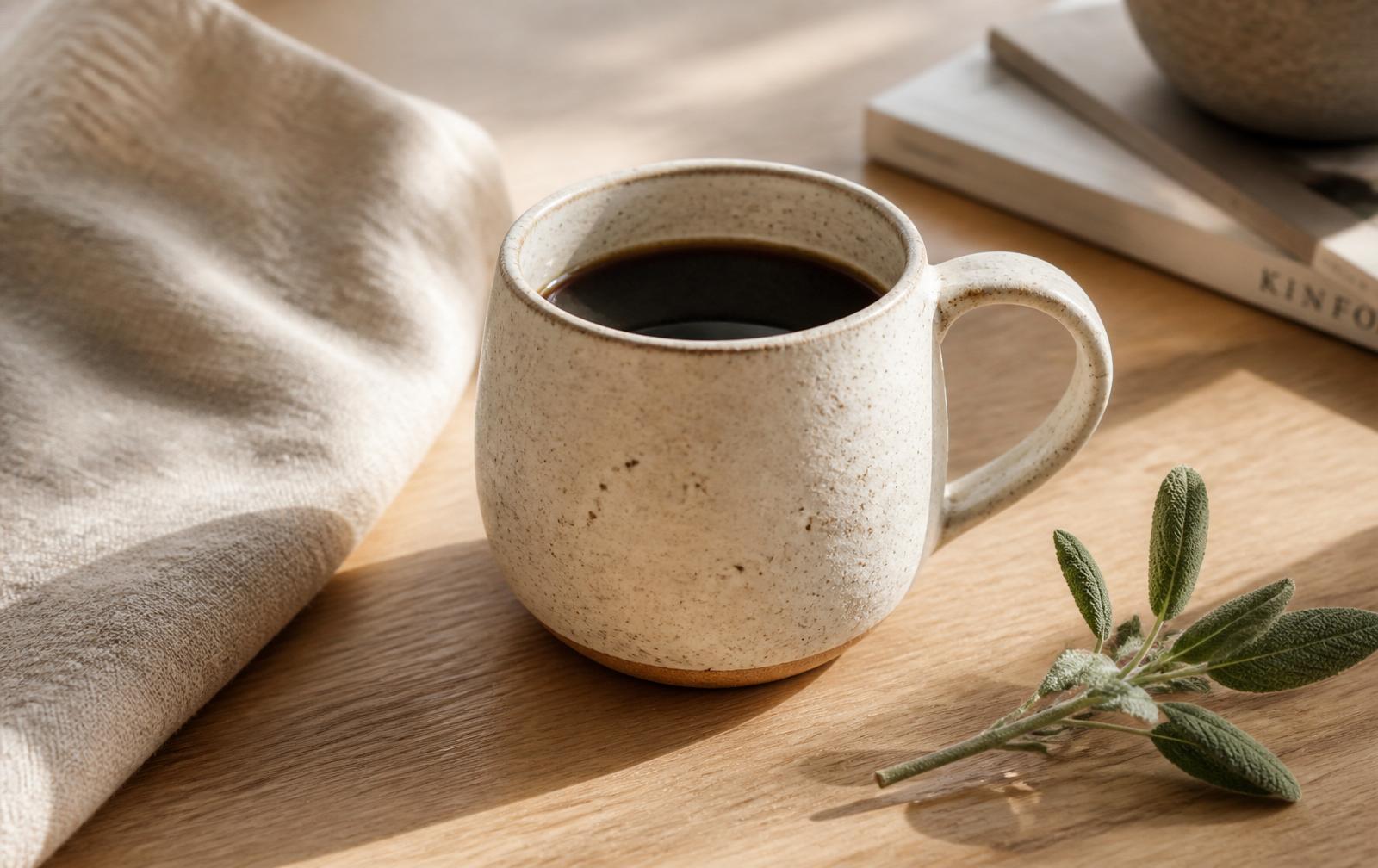 Speckled cream stoneware mug of coffee on a light oak table
