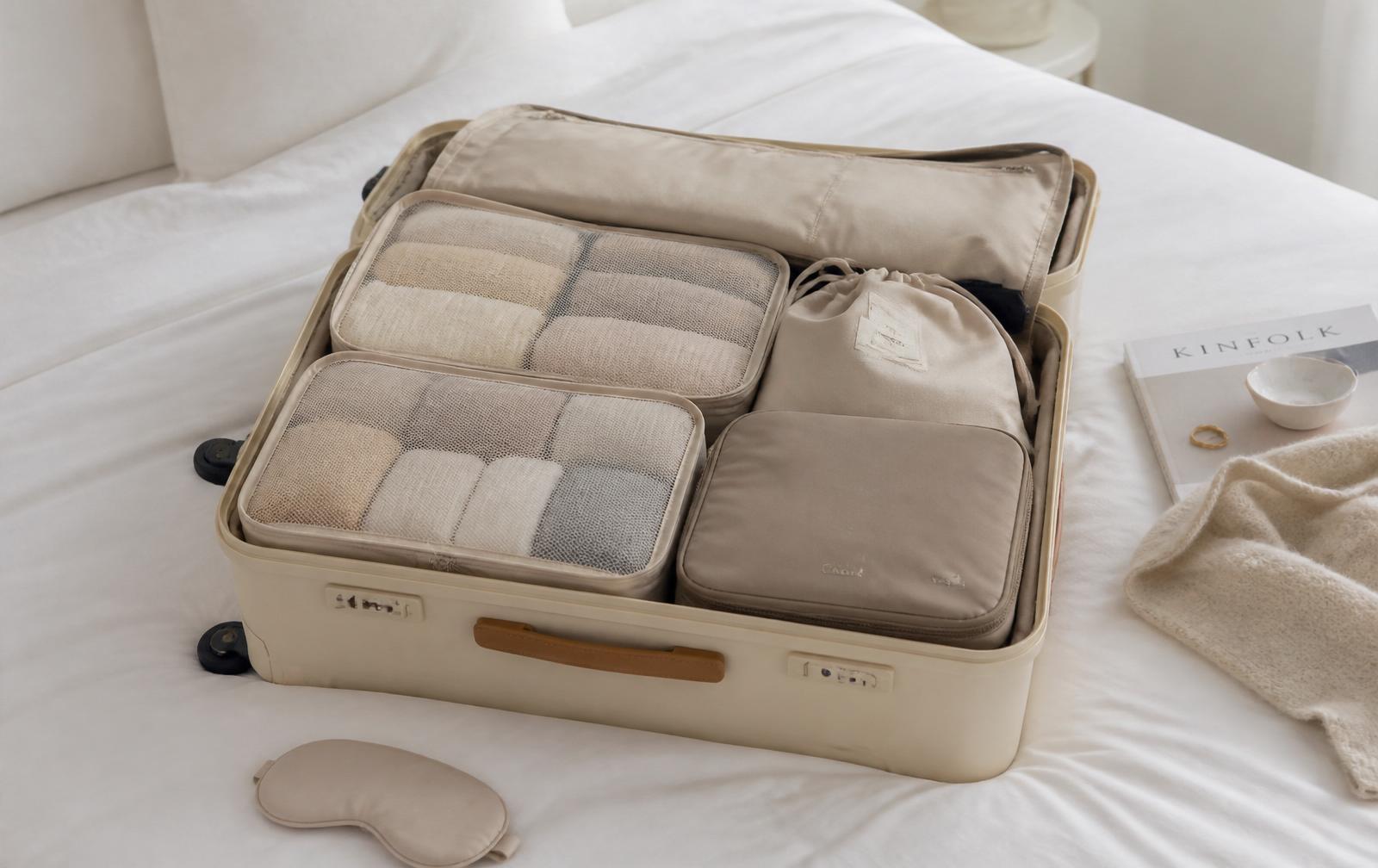 Open carry-on suitcase with neatly filled beige packing cubes