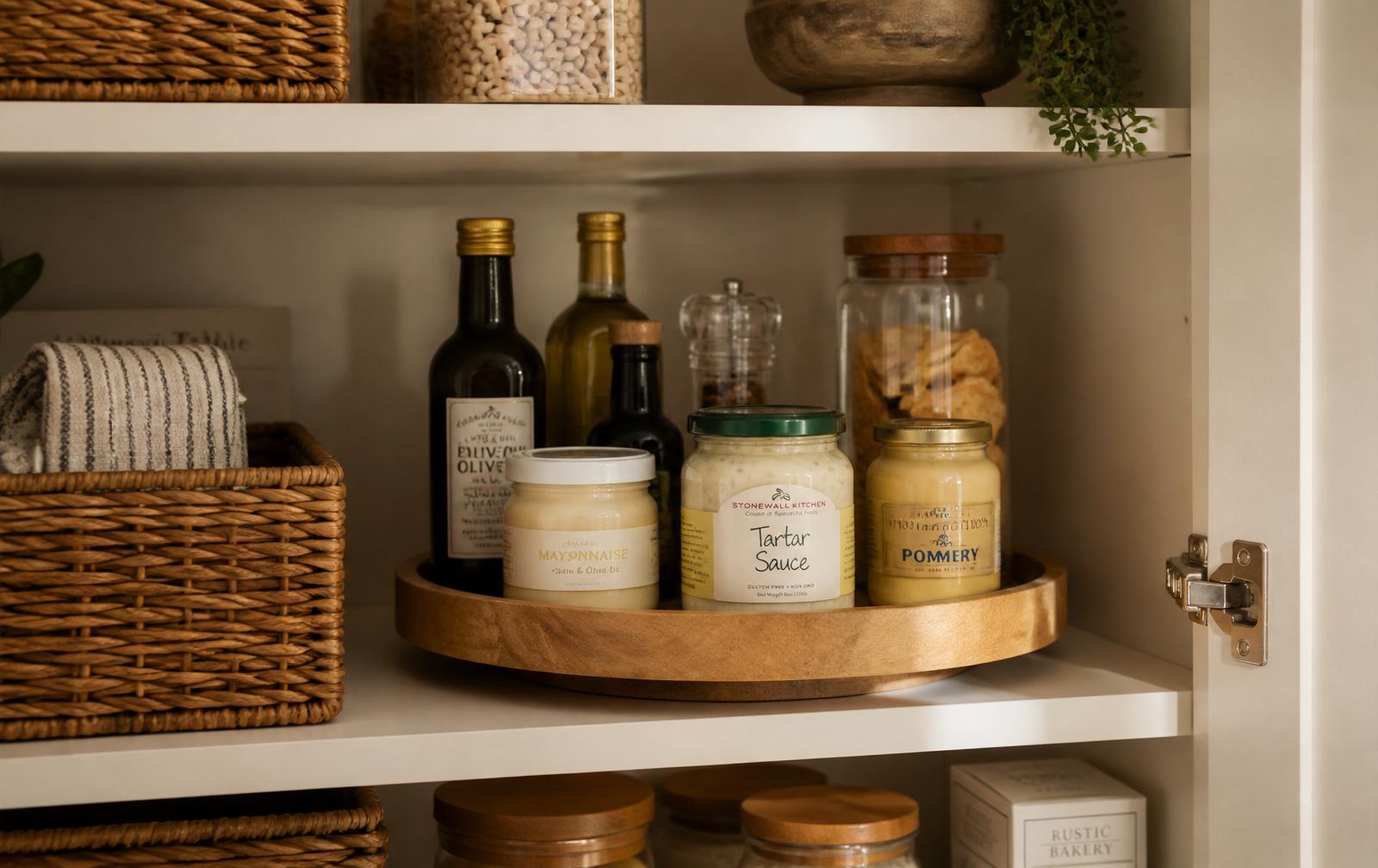 Wooden turntable holding jars and bottles on a tidy pantry shelf