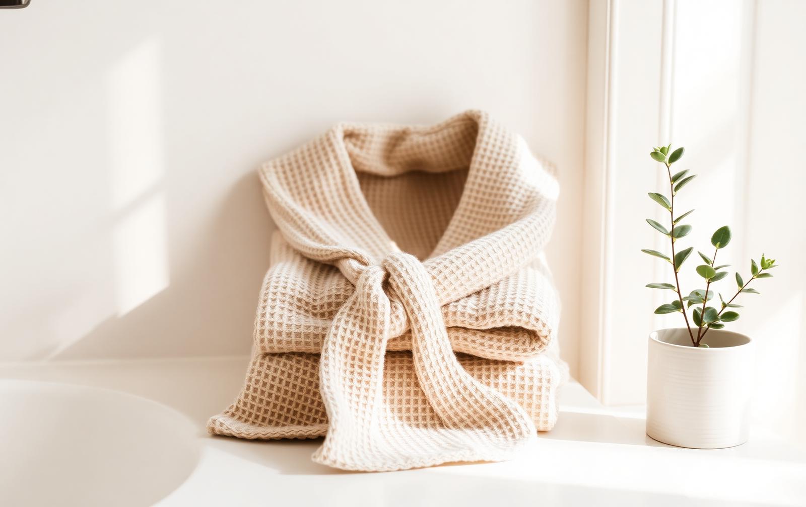 Folded cream waffle cotton robe on a white bathroom counter beside a small plant