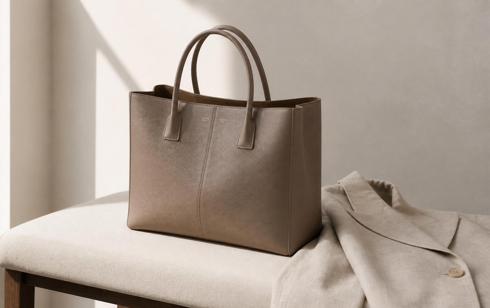Structured taupe leather tote bag on a cream upholstered bench
