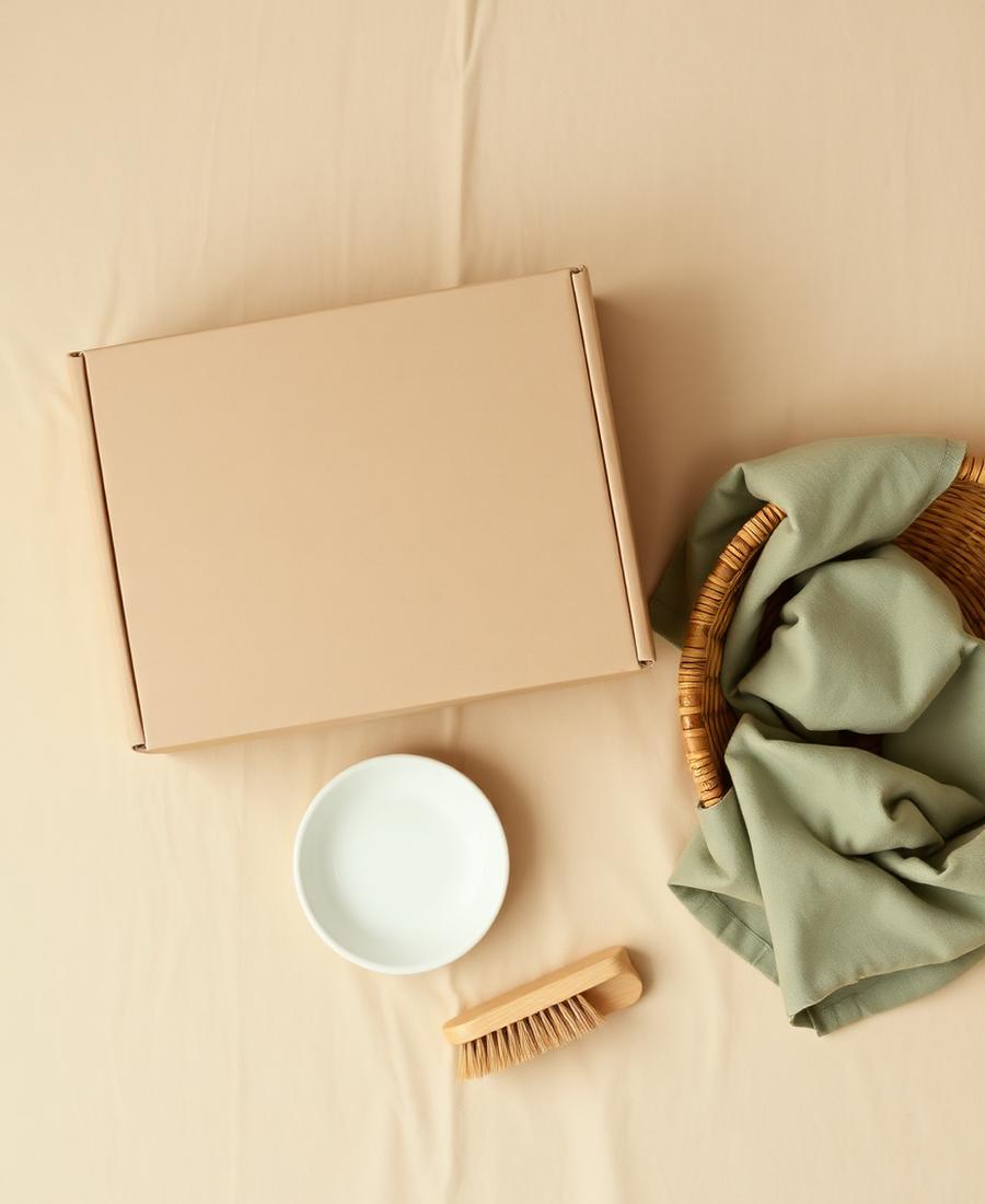 Neutral flat lay of small everyday household items on beige linen