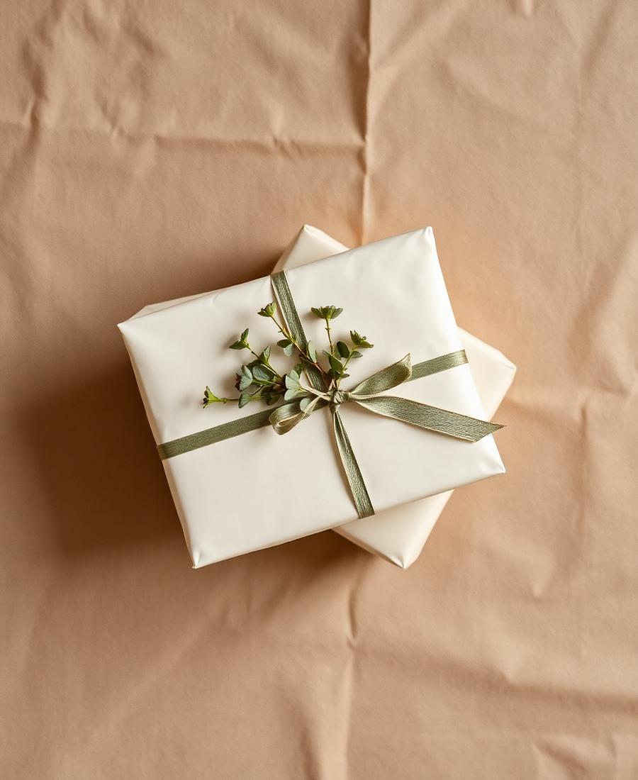 Cream wrapped gift parcel tied with sage green ribbon and a eucalyptus sprig