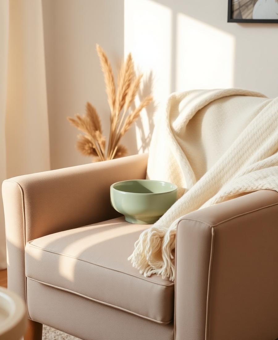 Neutral living room corner with a cream throw and sage bowl