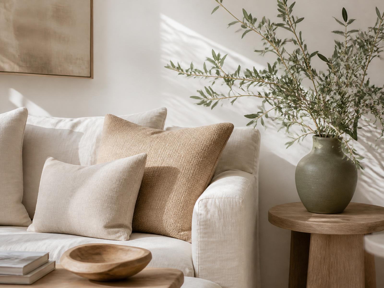 Sunlit neutral living room with linen sofa, beige cushions and a sage vase